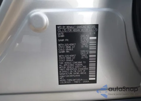 2019 Nissan Rogue Sv z USA, uszkodzony, nr VIN KNMAT2MV9KP524691